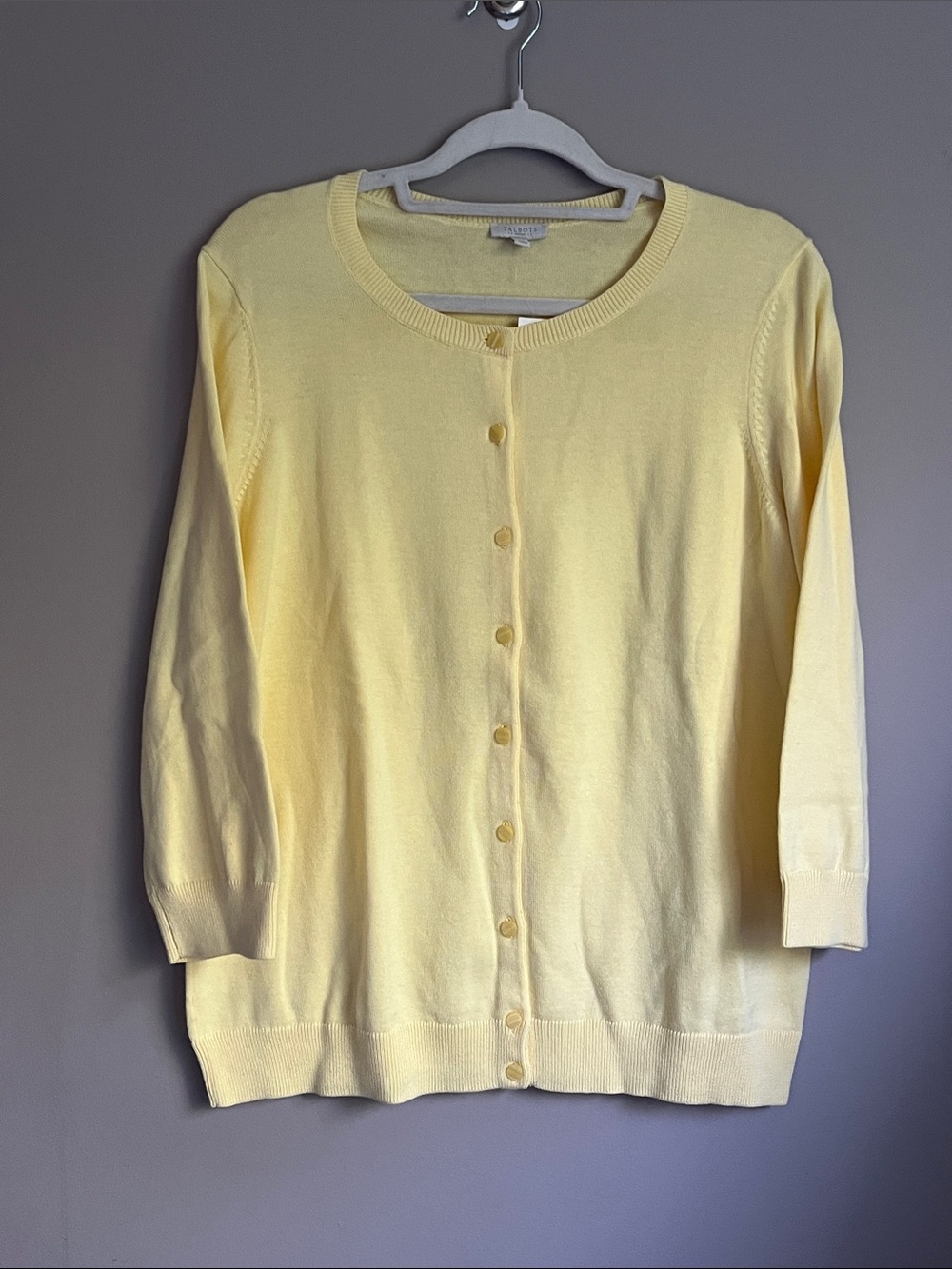 Talbots Crewneck light yellow button down 3/4 sleeve cardigan size x or 14